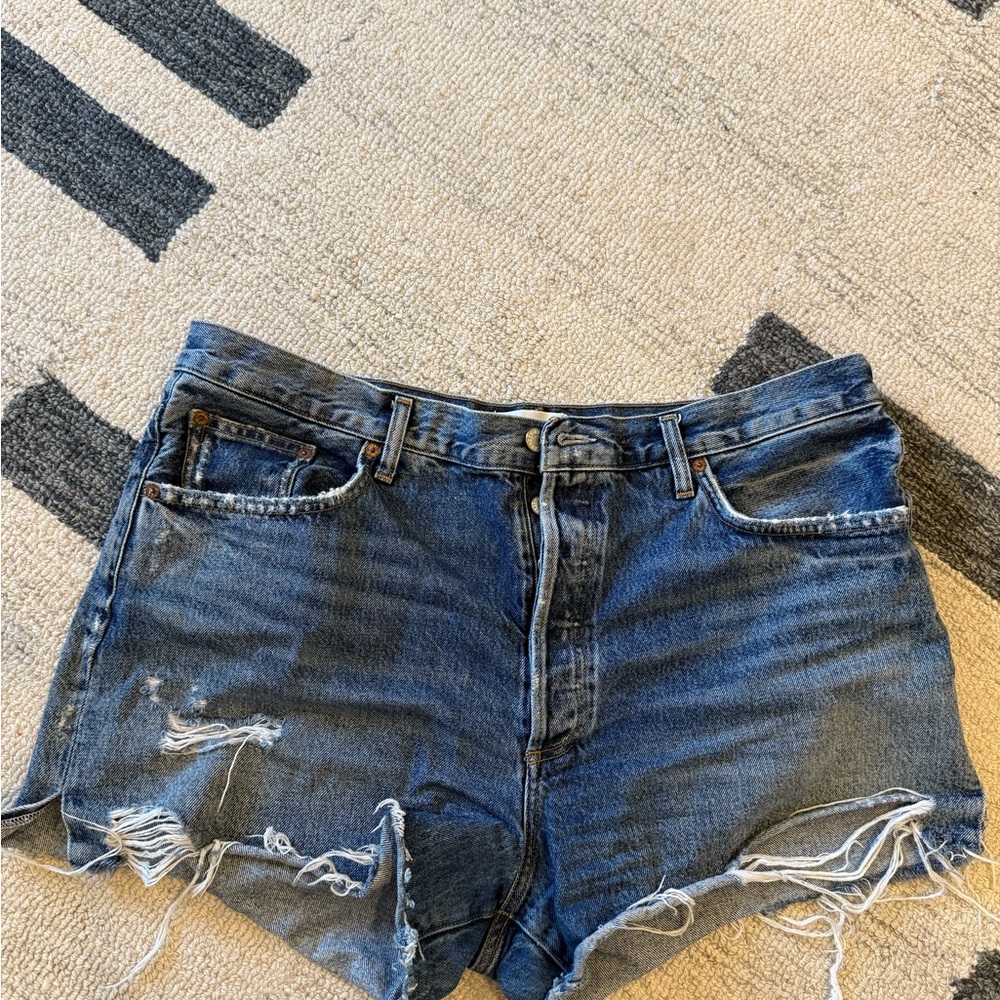 Agolde Distressed High-Rise Jean Shorts in Dark Blue Denim